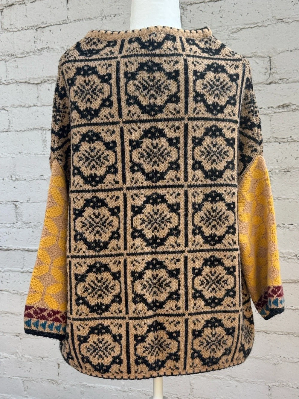 VINTAGE Zara Asymmetrical Neckline Jacquard Knit Patchwork Sweater Size XS—S